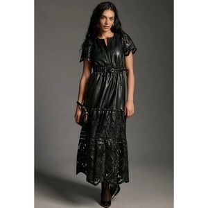 Anthropologie‎ The Somerset Dress-Faux Leather & Lace| Black | Size Small